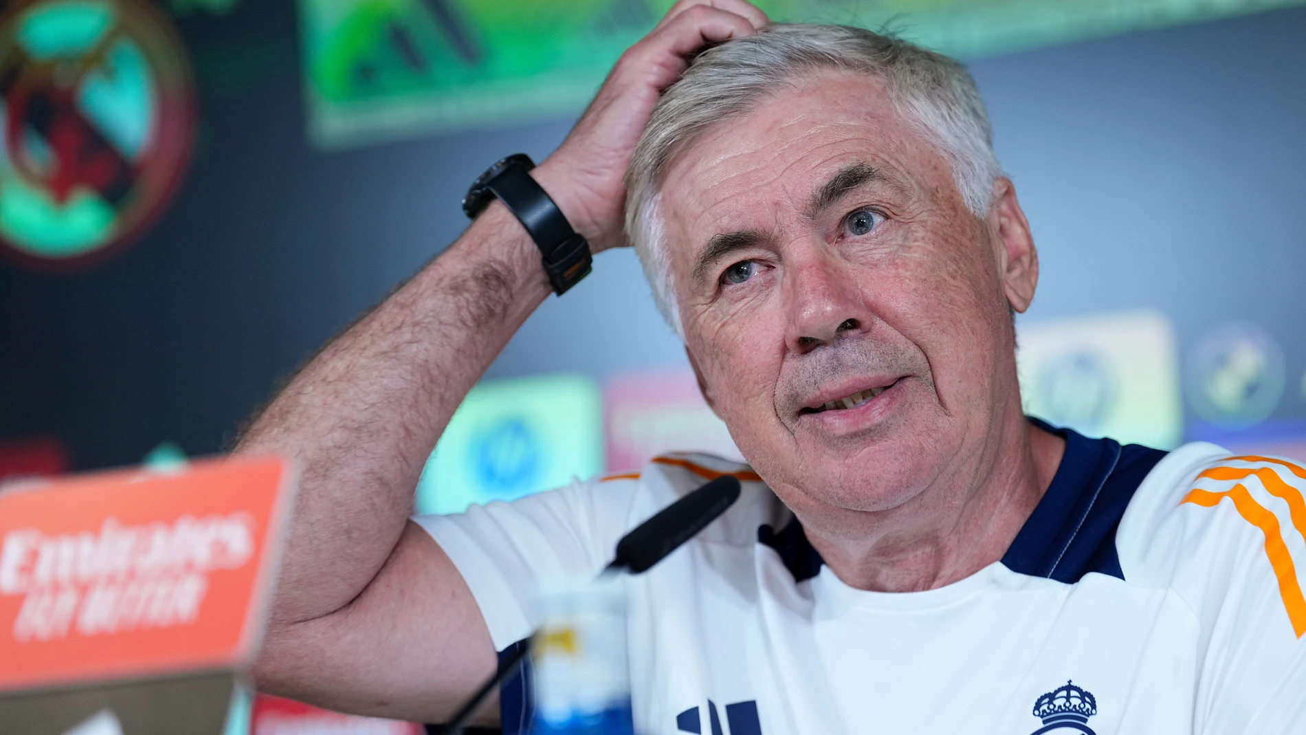Carlo Ancelotti, head coach of Real Madrid, attends his press conference after the training session of Real Madrid ahead the first match of LaLiga EA Sports against RCD Mallorca at Ciudad Deportiva Real Madrid on August 17, 2024 in Madrid, Spain.AFP7 17/08/2024 ONLY FOR USE IN SPAIN