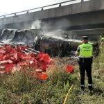 Fallece el conductor de un camión tras sufrir un accidente de tráfico por salida de vía en la A-12, en Azofra