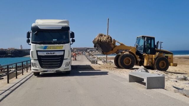 Operarios municipales retirando con camiones las algas acumuladas en las playas de Tarifa