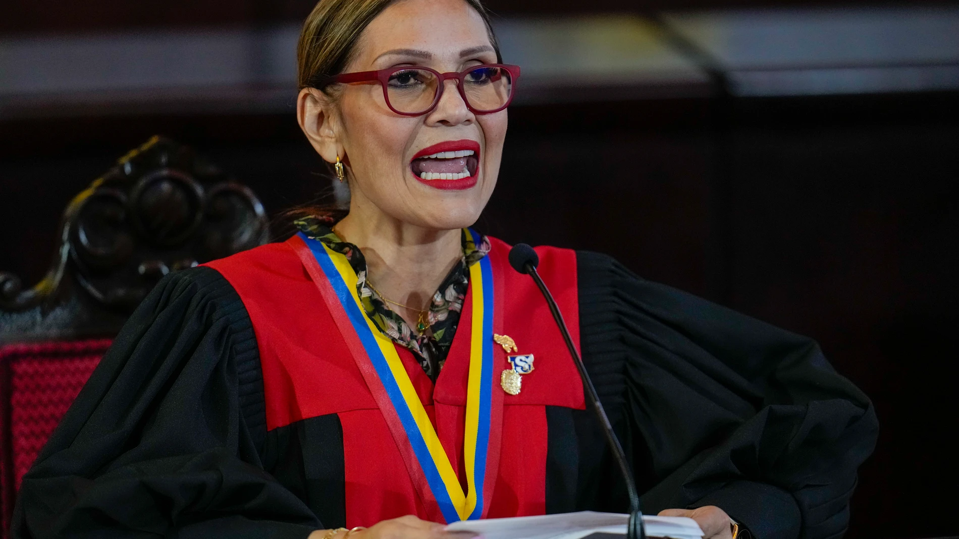 Supreme Court President Caryslia Rodriguez speaks at the Court which is performing an audit of the disputed results of the presidential election in Caracas, Venezuela, Thursday, Aug. 22, 2024. (AP Photo/Ariana Cubillos)