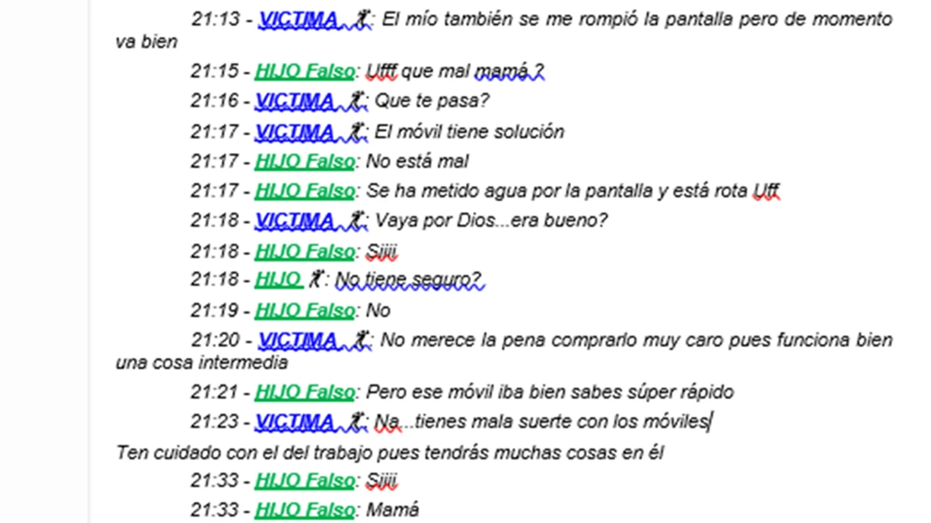 Imagen de captura de mensajes de WhatsApp empleados para la estafa del 'faslo hijo en apuros' GUARDIA CIVIL 23/08/2024