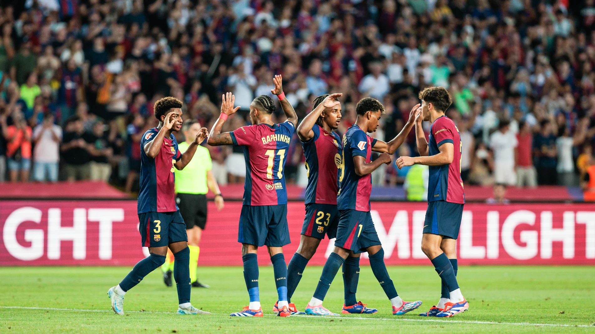 Raphinha Dias Belloli of FC Barcelona celebrates a goal Robert Lewandowski of FC Barcelona during the Spanish league, La Liga EA Sports, football match played between FC Barcelona and Athletic Club de Bilbao at Estadio Olimpico de Montjuic on August 24, 2024 in Barcelona, Spain. AFP7 24/08/2024 ONLY FOR USE IN SPAIN