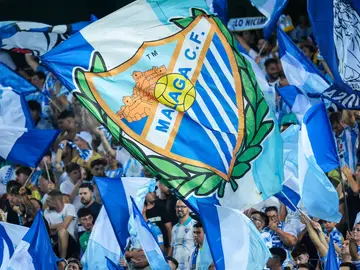 Malaga CF v CD Mirandes - LaLiga Hypermotion Detail of flag during the Spanish league, LaLiga Hypermotion, football match played between Malaga CF and CD Mirandes at La Rosaleda stadium on August 24, 2024, in Malaga, Spain. AFP7 24/08/2024 ONLY FOR USE IN SPAIN