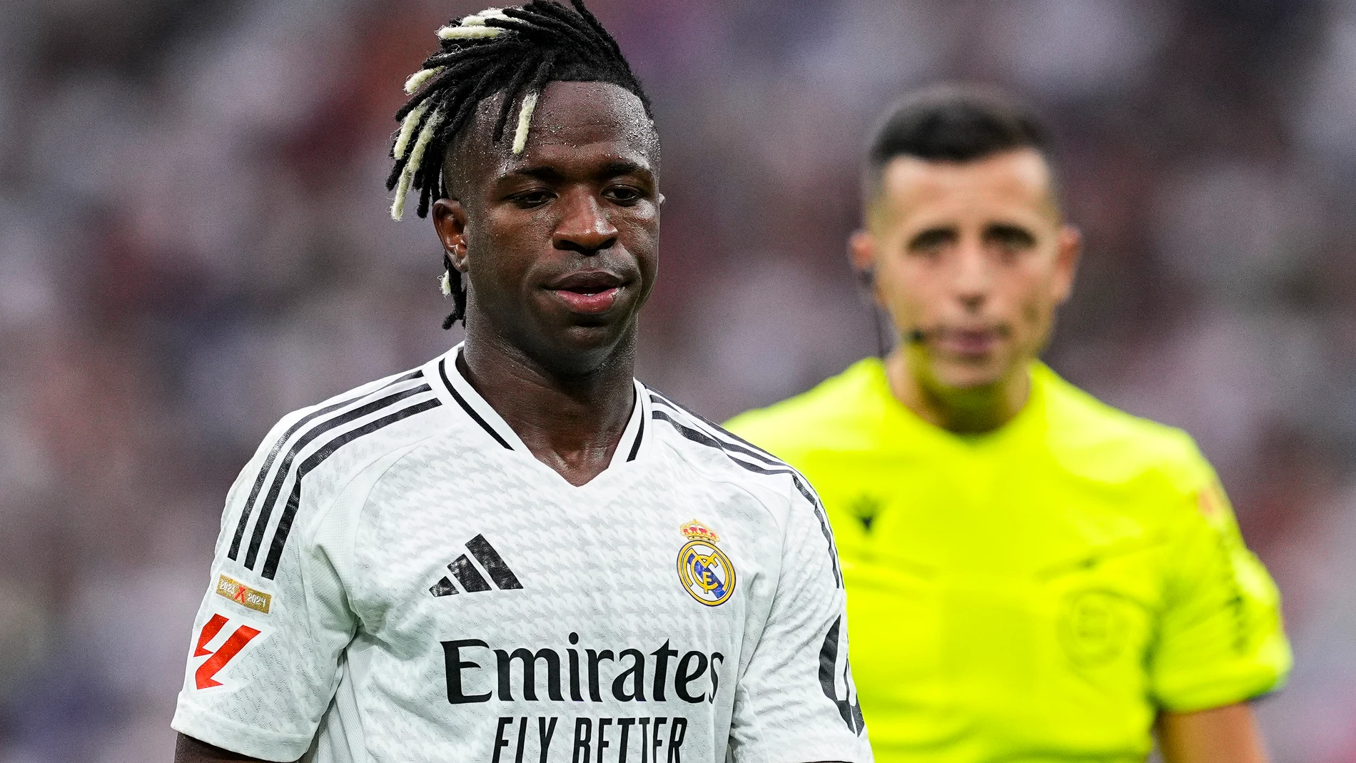 Vinicius Junior of Real Madrid looks on during the Spanish league, La Liga EA Sports, football match played between Real Madrid and Real Valladolid at Santiago Bernabeu stadium on August 25, 2024, in Madrid, Spain. AFP7 25/08/2024 ONLY FOR USE IN SPAIN