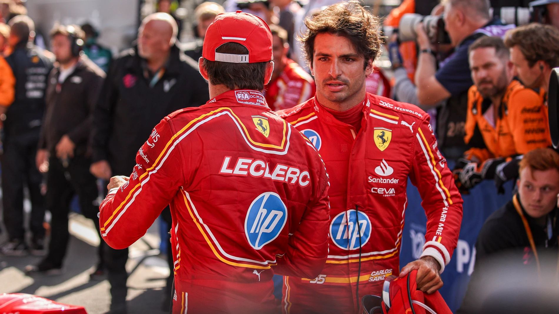 LECLERC Charles (mco), Scuderia Ferrari SF-24, SAINZ Carlos (spa), Scuderia Ferrari SF-24, portrait during the Formula 1 Heineken Dutch Grand Prix 2024, 15th round of the 2024 Formula One World Championship from August 23 to 25, 2024 on the Circuit Zandvoort, in Zandvoort, Netherlands - Photo Xavi Bonilla / DPPI AFP7 25/08/2024 ONLY FOR USE IN SPAIN