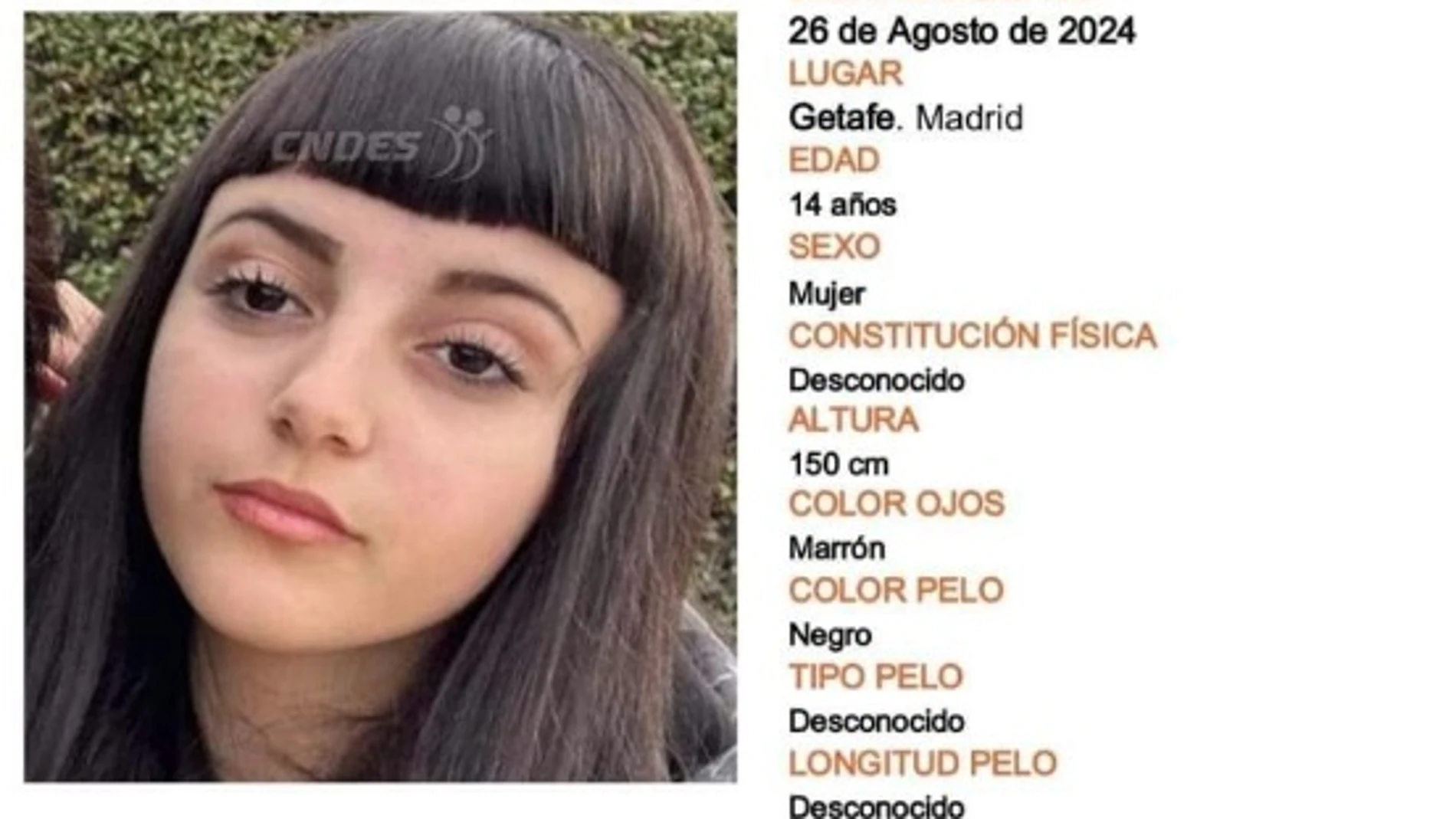 Buscan a una chica de 14 años desaparecida ayer en Getafe CNDE 27/08/2024