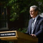 British Prime Minister Starmer gives a speech in Downing Street garden