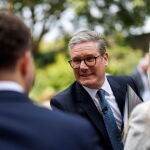 British Prime Minister Starmer gives a speech in Downing Street garden