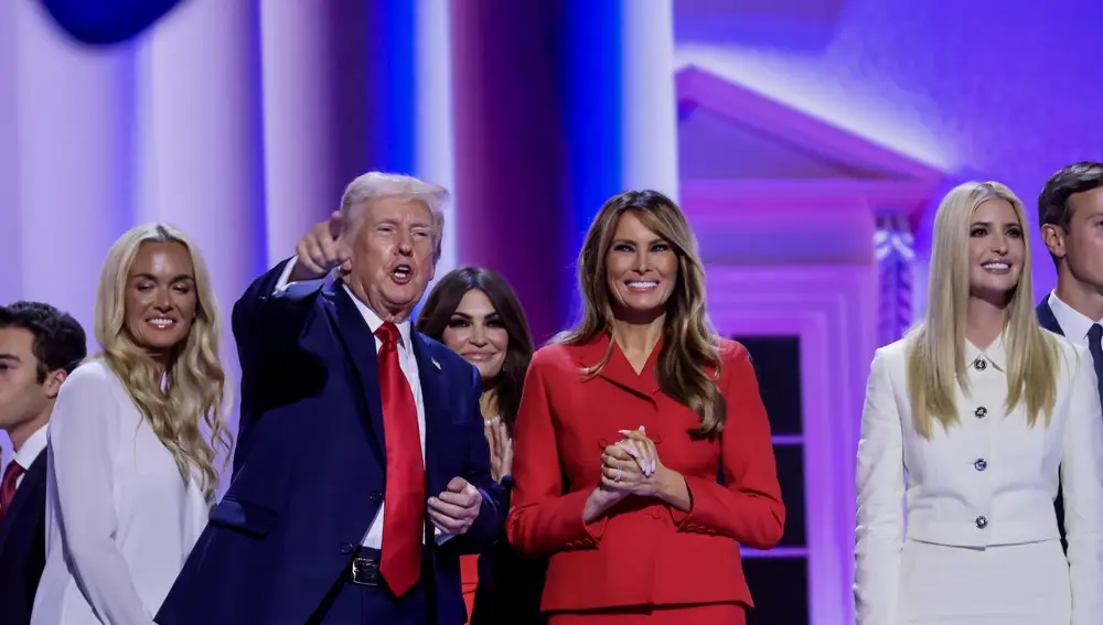 Republican presidential nominee Donald J. Trump (C-L) stands with his wife Melania (C-R) after speaking on the final day of the Republican National Convention (RNC) at Fiserv Forum in Milwaukee, Wisconsin, USA, 18 July 2024.