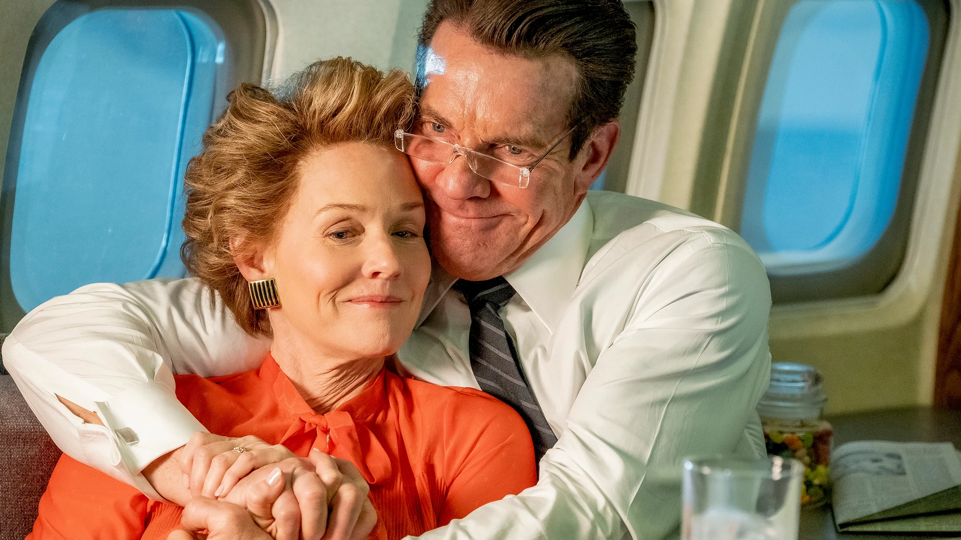 This image released by ShowBiz Direct shows Penelope Ann Miller, left, and Dennis Quaid in a scene from "Reagan." (Ron Batzdorff/ShowBiz Direct via AP)