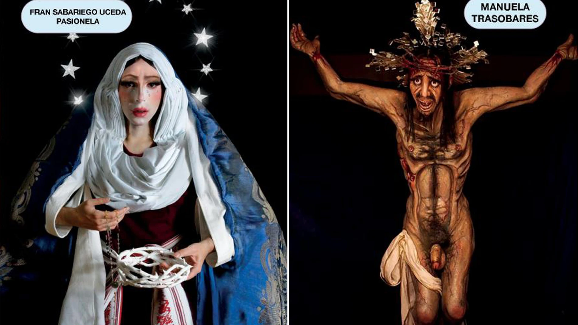La revista muestra presenta en sus páginas "una imagen de Jesucristo que muestra su pene y vello púbico y otra de Virgen representada por un travestido"
