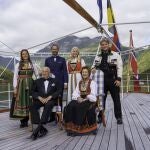 Norway's King Harald, Queen Sonja, Crown Prince Haakon, Crown Princess Mette-Marit, Princess Ingrid Alexandra and Prince Sverre Magnus pose for a picture aboard the kingship Norway in the Geirangerfjord, Norway, 31 August 2024, where they will attend the wedding of Norwegian Princess Martha Louise and her partner, US businessman Durek Verrett. 