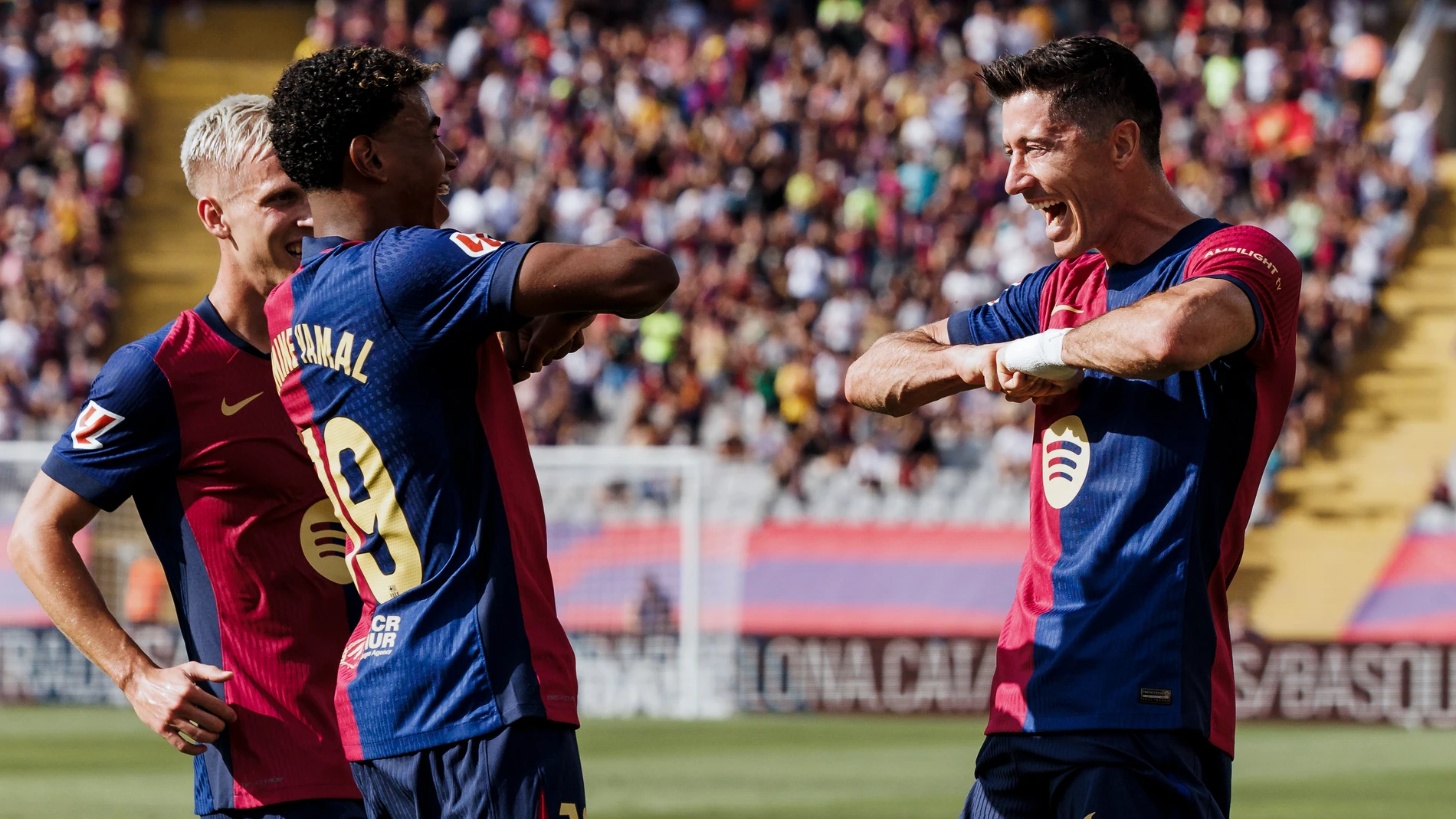 Robert Lewandowskin Dani Olmo and Lamine Yamal of FC Barcelona celebrates a goal during the Spanish league, La Liga EA Sports, football match played between FC Barcelona and Real Valladolid at Estadio Olimpico de Montjuic on August 31, 2024 in Barcelona, Spain. AFP7 31/08/2024 ONLY FOR USE IN SPAIN
