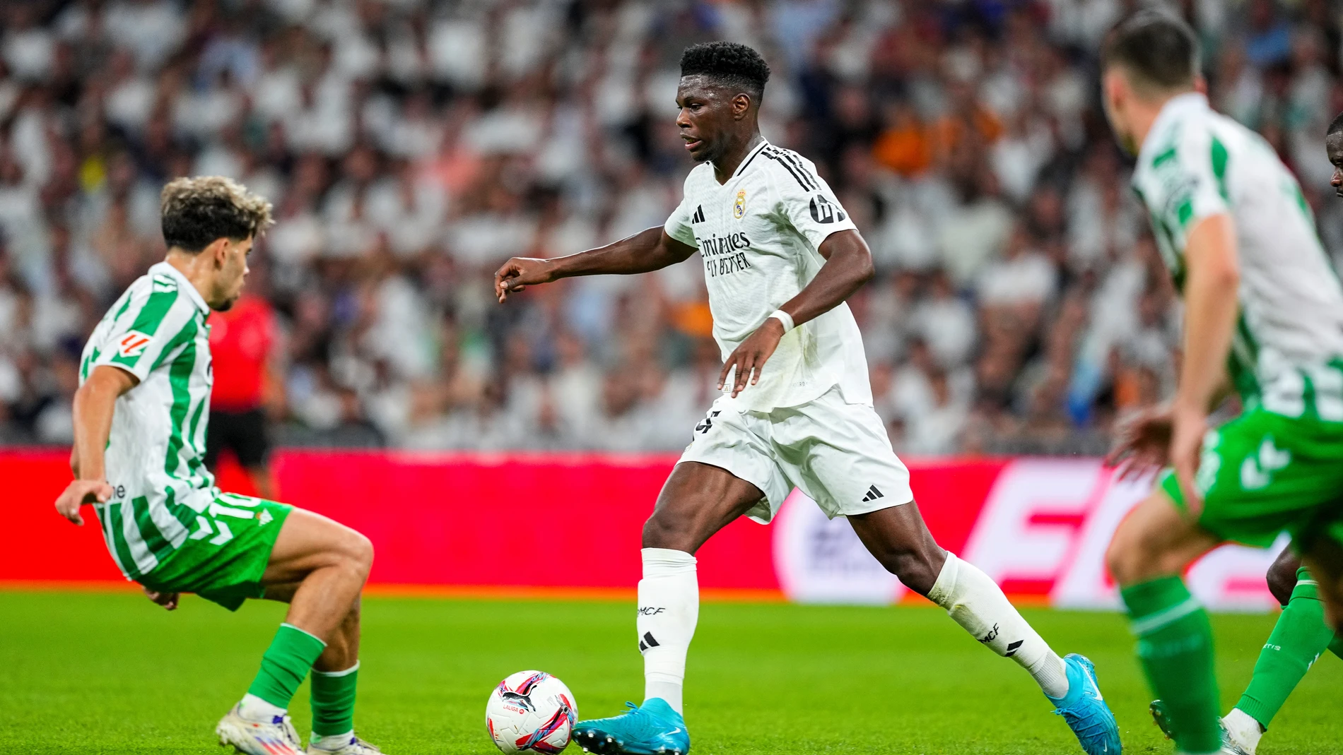 Aurelien Tchouameni of Real Madrid in action during the Spanish League, LaLiga EA Sports, football match played between Real Madrid and Real Betis Balompie at Santiago Bernabeu stadium on September 01, 2024, in Madrid, Spain. AFP7 01/09/2024 ONLY FOR USE IN SPAIN