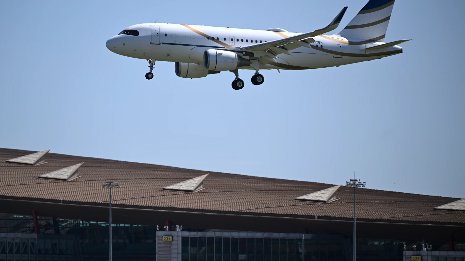 The aircraft carrying Chad's President General Mahamat Idriss Deby Itno prepares to land at Beijing Capital Airport, ahead of the Forum on China-Africa Cooperation (FOCAC), Monday, Sept. 2, 2024. (Wang Zhao/Pool Photo via AP)
