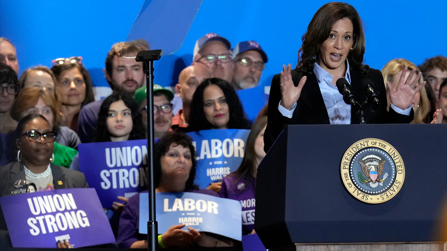 Democratic presidential nominee Vice President Kamala Harris and President Joe Biden attend a campaign event at the IBEW Local Union #5 union hall in Pittsburgh, on Labor Day, Monday, Sept. 2, 2024. (AP Photo/Jacquelyn Martin)