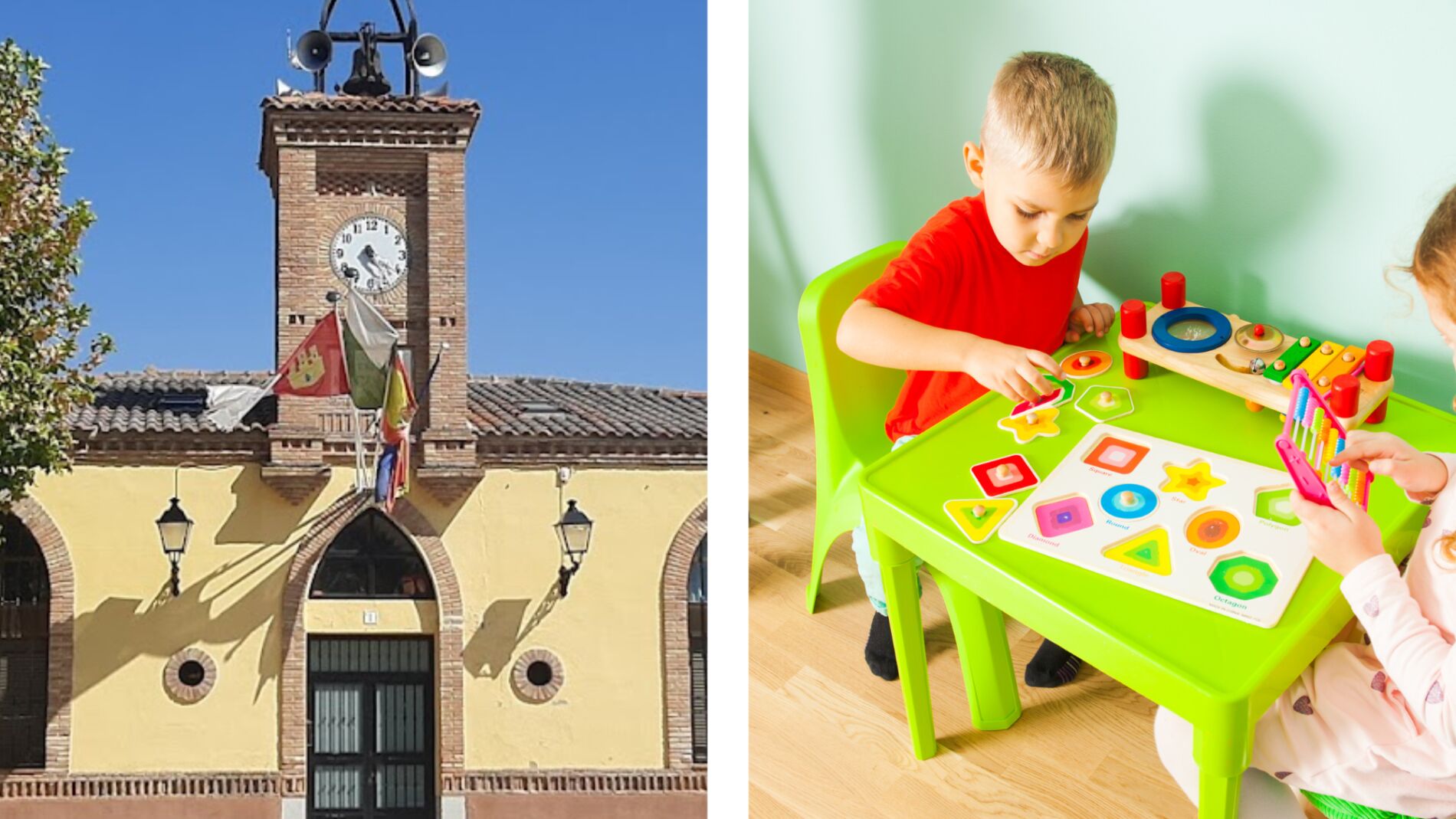 Una imagen del Ayuntamiento de Rielves (Toledo) y otra imagen de unos niños en una ludoteca infantil