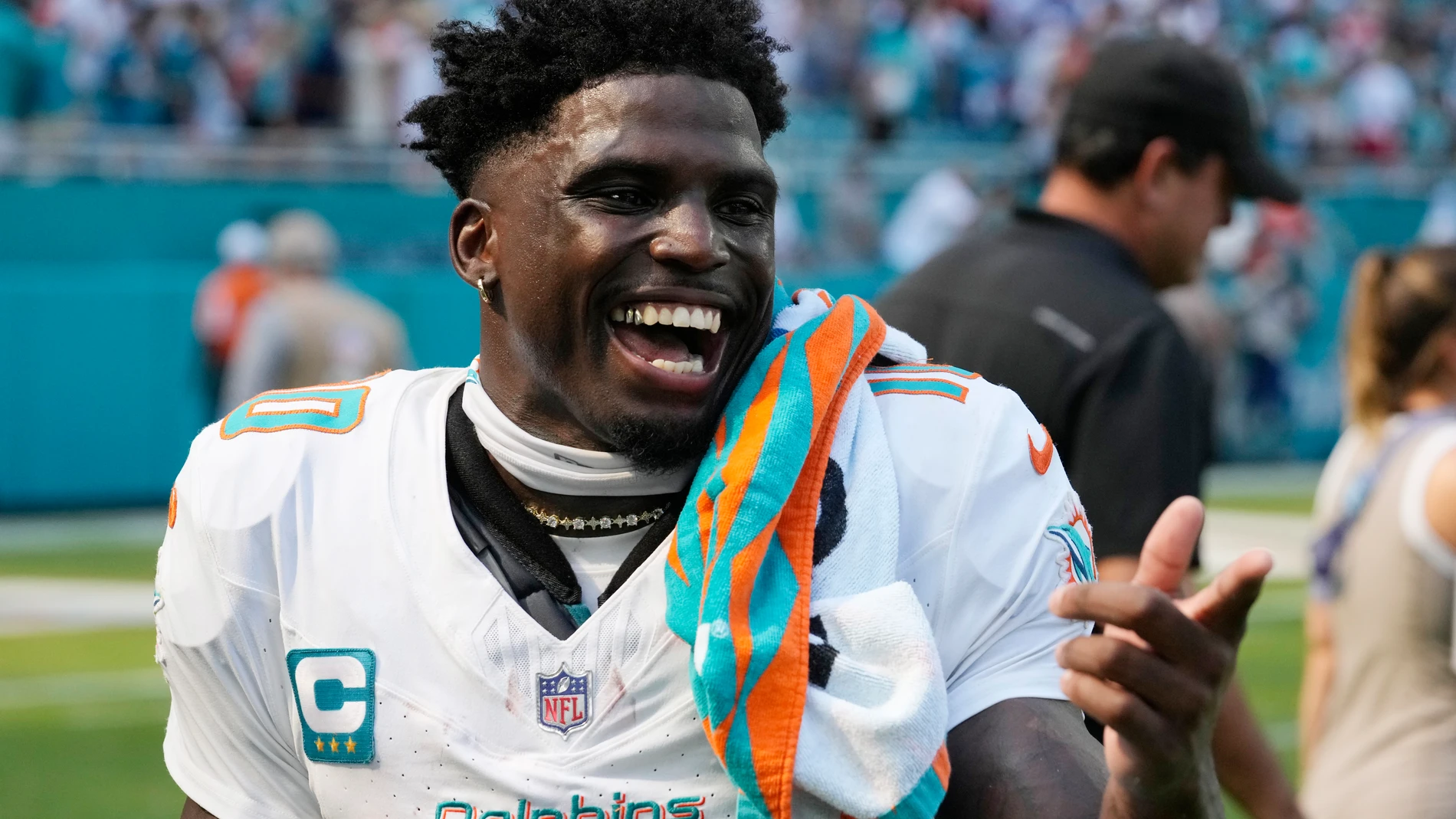 Miami Dolphins wide receiver Tyreek Hill gestures after an NFL football game against the Jacksonville Jaguars, Sunday, Sept. 8, 2024, in Miami Gardens, Fla. The Dolphins defeated the Jaguars 20-17. (AP Photo/Wilfredo Lee)
