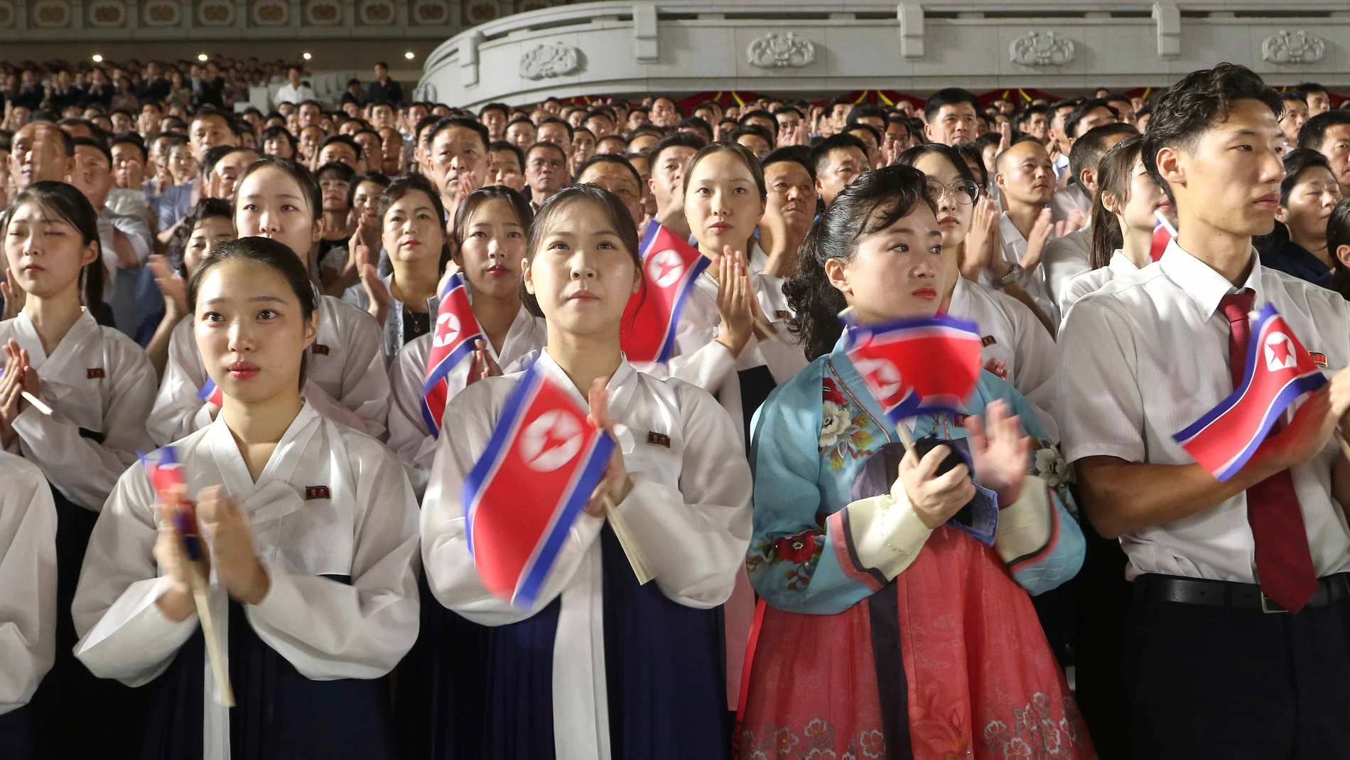 North Koreans celebrate the country's 76th founding anniversary at Kim Il Sung Square in Pyongyang, North Korea Sunday, Sept. 8, 2024. (AP Photo/Jon Chol Jin)