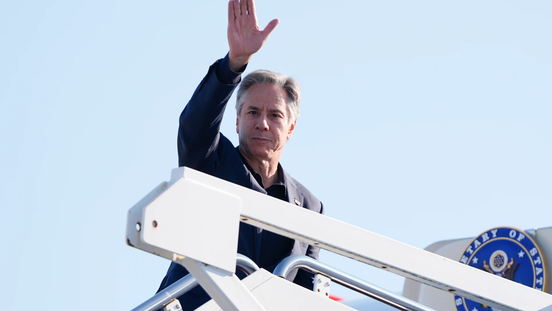 Secretary of State Antony Blinken boards a plane Monday, Sept. 9, 2024, at Joint Base Andrews, Md. (AP Photo/Mark Schiefelbein)