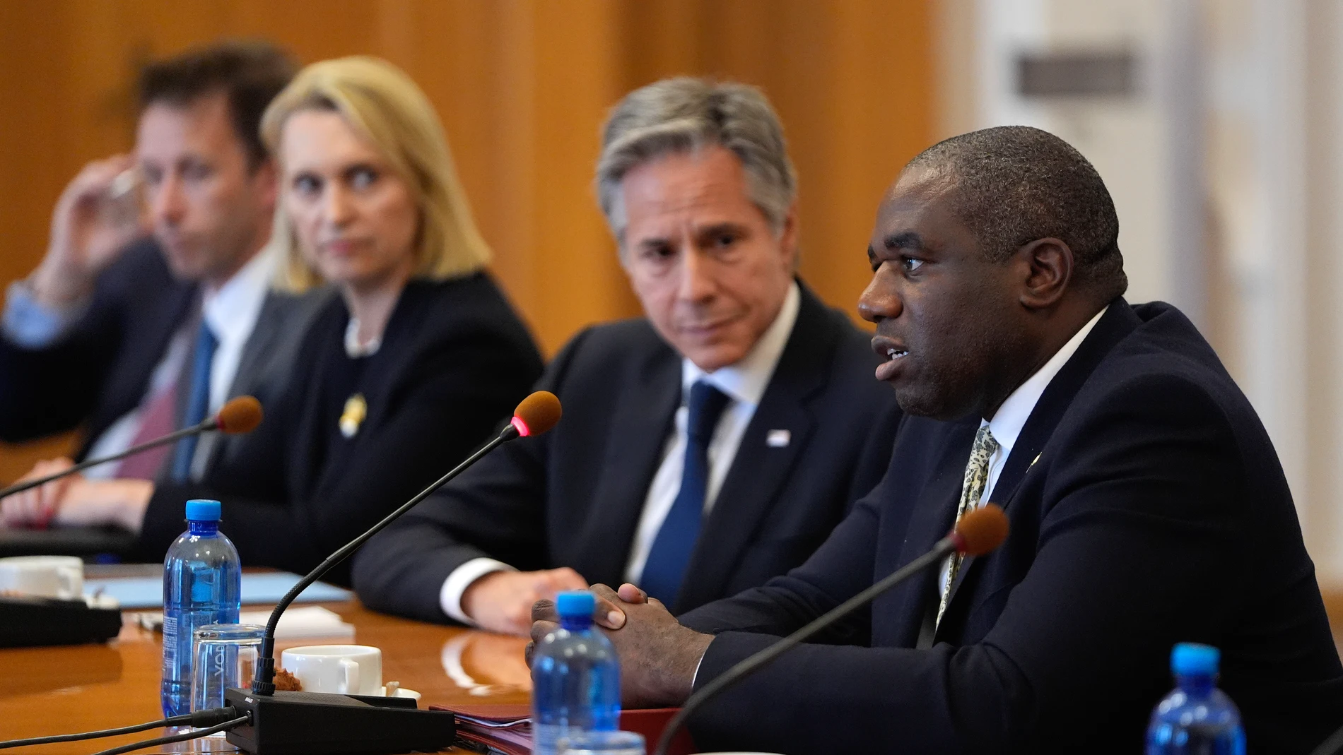 U.S. Secretary of State Antony Blinken and Britain's Foreign Secretary David Lammy, right, meet with Ukraine's Foreign Minister Andriiy Sybiha at the Ministry of Foreign Affairs in Kyiv, Ukraine, Wednesday, Sept. 11, 2024. (AP Photo/Mark Schiefelbein, Pool)