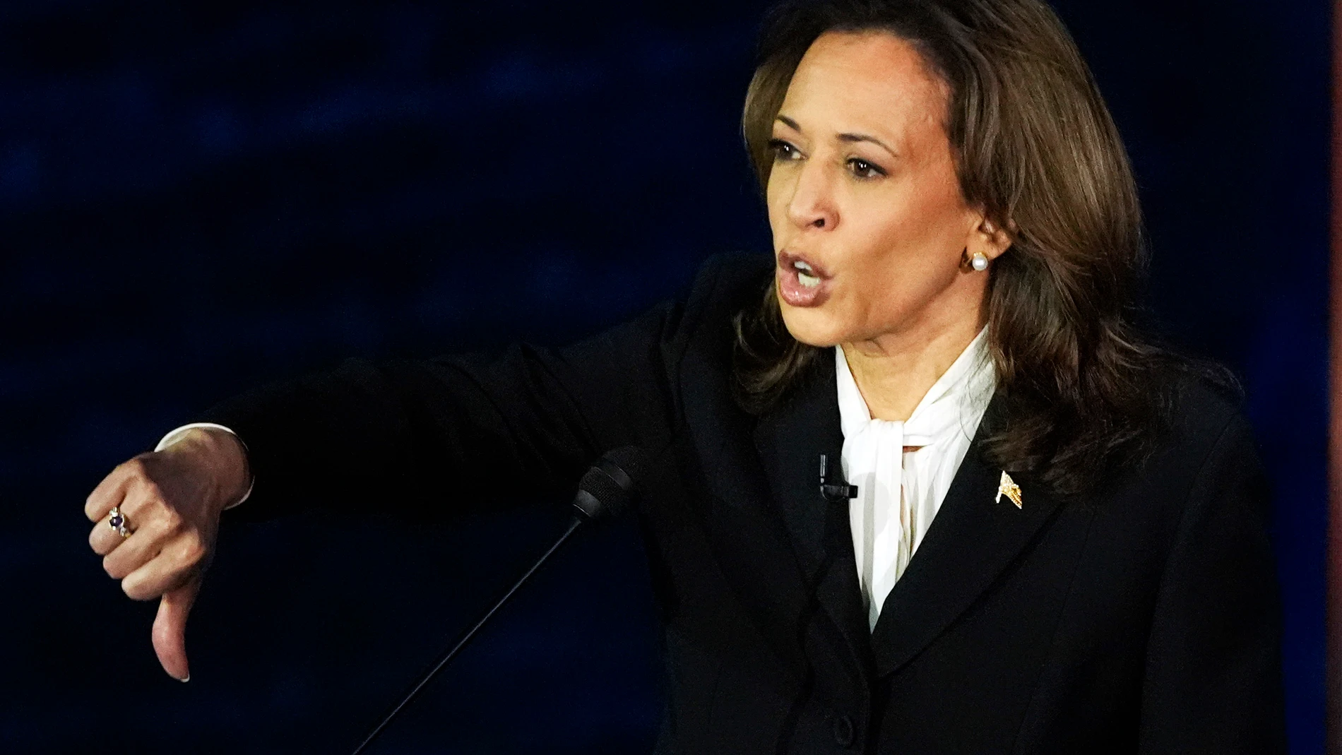 Democratic presidential nominee Vice President Kamala Harris gestures as she speaks during a presidential debate with Republican presidential nominee former President Donald Trump at the National Constitution Center in Philadelphia, Tuesday, Sept. 10, 2024. (AP Photo/Alex Brandon)