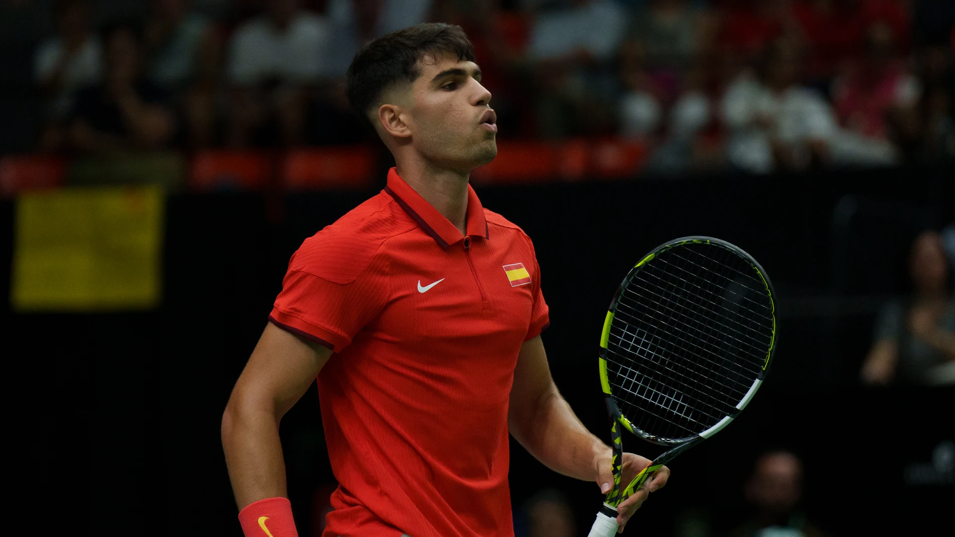 Carlos Alcaraz of Spain in action against Tomas Machac of Czech Republic during the Davis Cup 2024, Group B, tennis match played between Czech Republic and Spain at Fuente de San Luis on September 11, 2024, in Valencia, Spain. AFP7 11/09/2024 ONLY FOR USE IN SPAIN