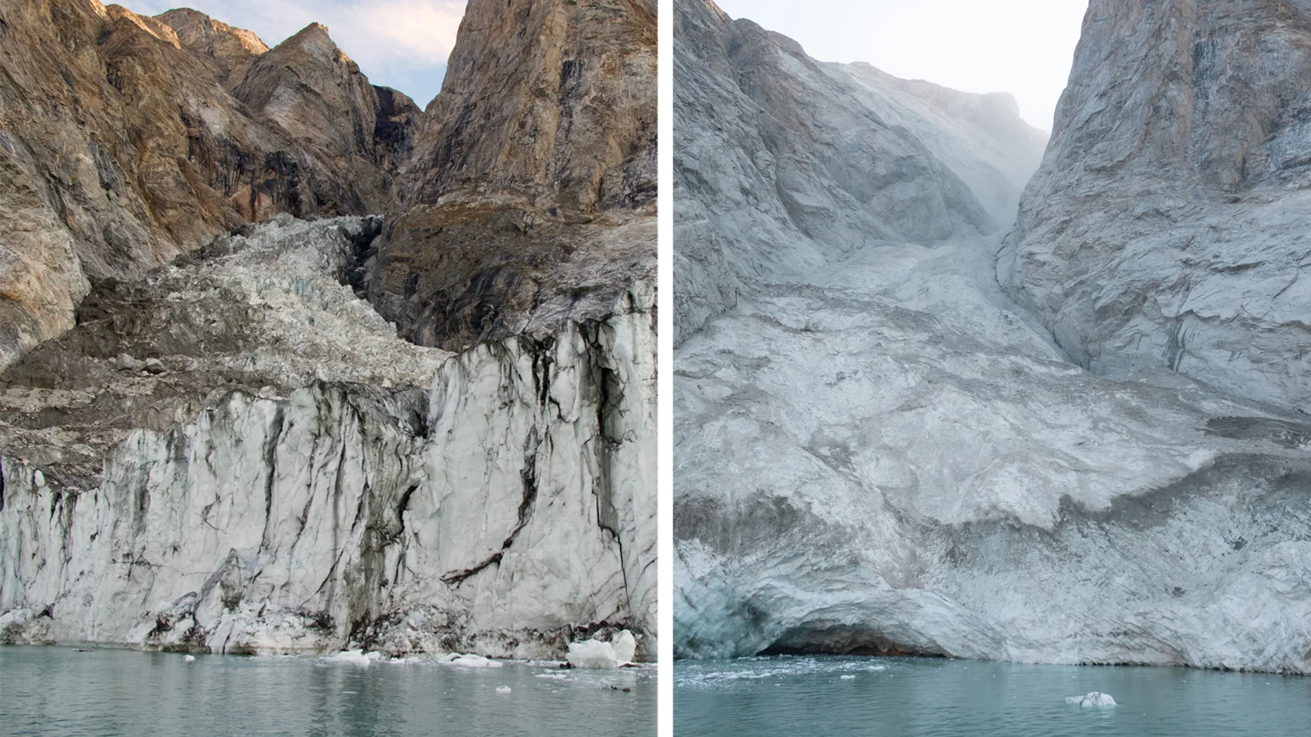 De izquierda a derecha: fotos de antes (agosto de 2023) y después (septiembre de 2023) de la cima de la montaña y el glaciar, tomadas desde el fiordo.