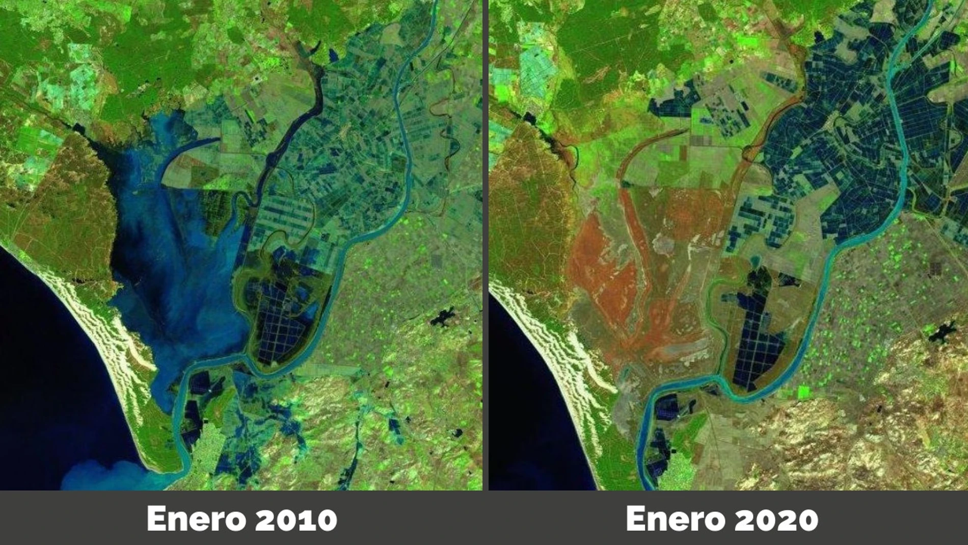 Imágenes satélite de enero de 2010 y enero de 2020 donde se aprecia la reducción de agua en las marismas de Doñana. REMITIDA / HANDOUT por UNIVERSIDAD DE SEVILLA Fotografía remitida a medios de comunicación exclusivamente para ilustrar la noticia a la que hace referencia la imagen, y citando la procedencia de la imagen en la firma 12/09/2024