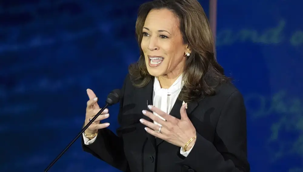 Democratic presidential nominee Vice President Kamala Harris speaks during a presidential debate with Republican presidential nominee former President Donald Trump at the National Constitution Center