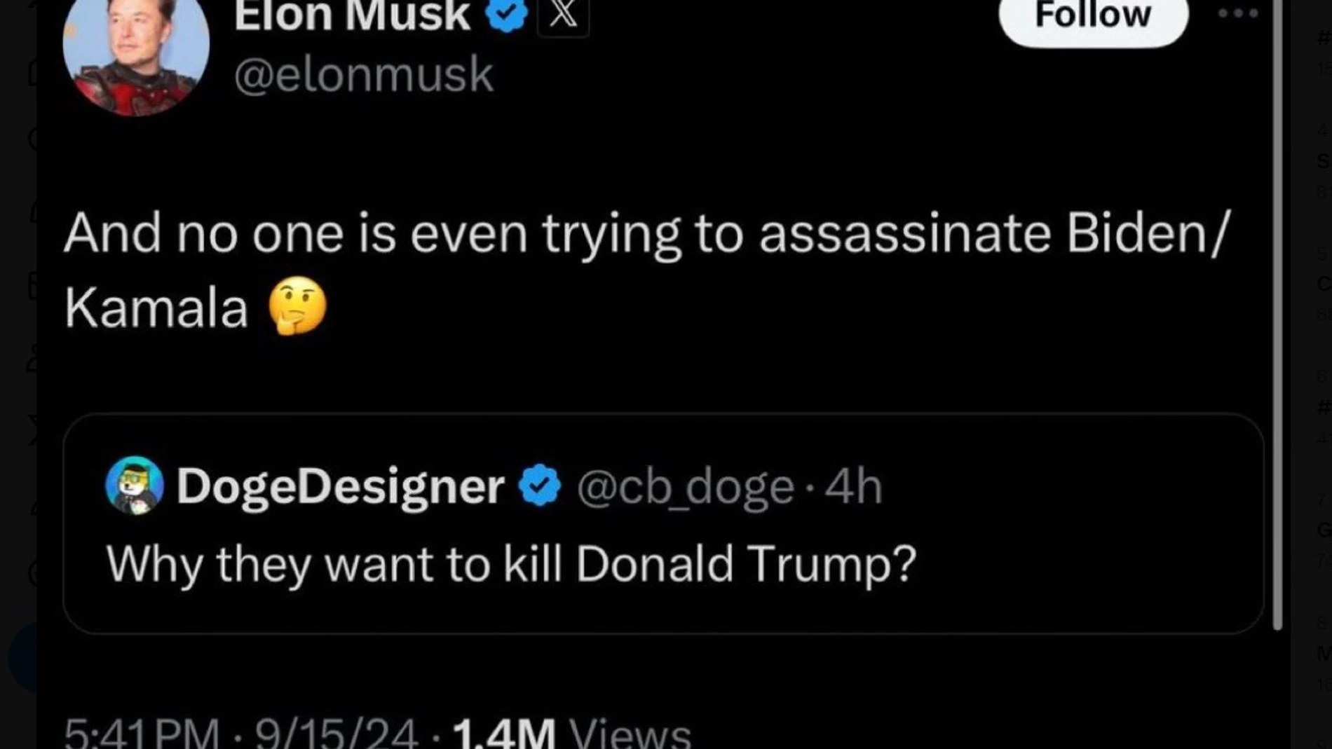 "Y nadie está intentando asesinar a Biden y Kamala", el polémico mensaje de Elon Musk que luego borró