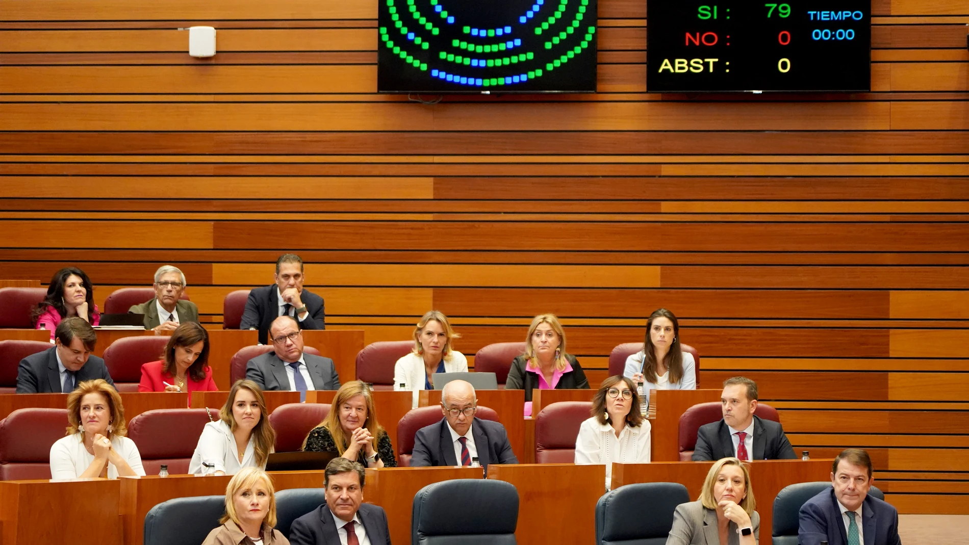 Mañueco, Blanco, Carriedo y Leticia García junto a la bancada popular en una de las votaciones del pasado miércoles en las Cortes