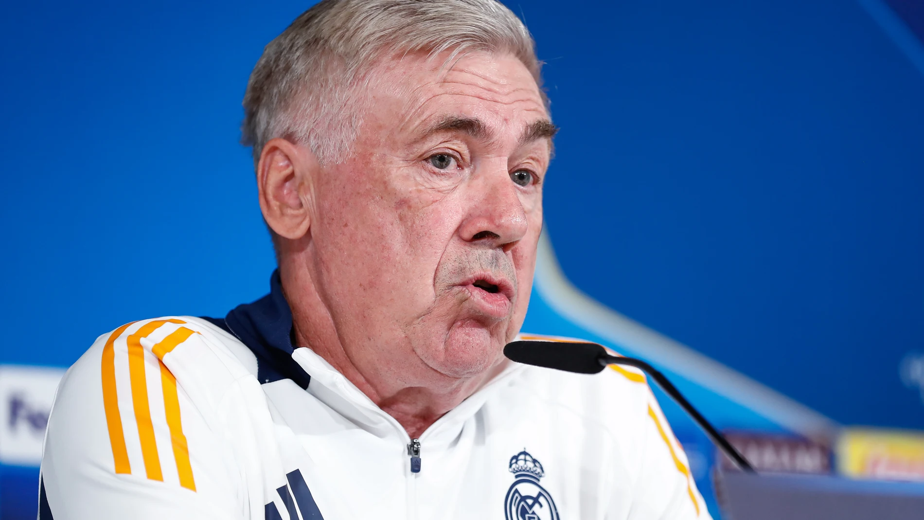 Carlo Ancelotti, head coach of Real Madrid, attends his press conferenceahead the Champions League, football match against VfB Stuttgart at Ciudad Deportiva Real Madrid on September 16, 2024, in Valdebebas, Madrid, Spain. AFP7 16/09/2024 ONLY FOR USE IN SPAIN