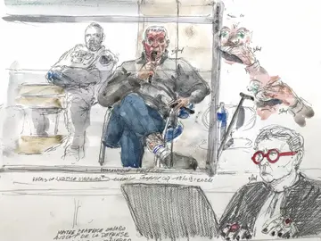 This court sketch created on September 17, 2024, shows defendant Dominique Pelicot during his trial in which he is accused of drugging his wife so he and scores of strangers could rape her at their home in Mazan, a small town in the south of France, at the courthouse of Avignon in Avignon. This court sketch created on September 17, 2024, shows defendant Dominique Pelicot during his trial in which he is accused of drugging his wife so he and scores of strangers could rape her at their home in Mazan, a small town in the south of France, at the courthouse of Avignon in Avignon.