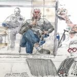 This court sketch created on September 17, 2024, shows defendant Dominique Pelicot during his trial in which he is accused of drugging his wife so he and scores of strangers could rape her at their home in Mazan, a small town in the south of France, at the courthouse of Avignon in Avignon.