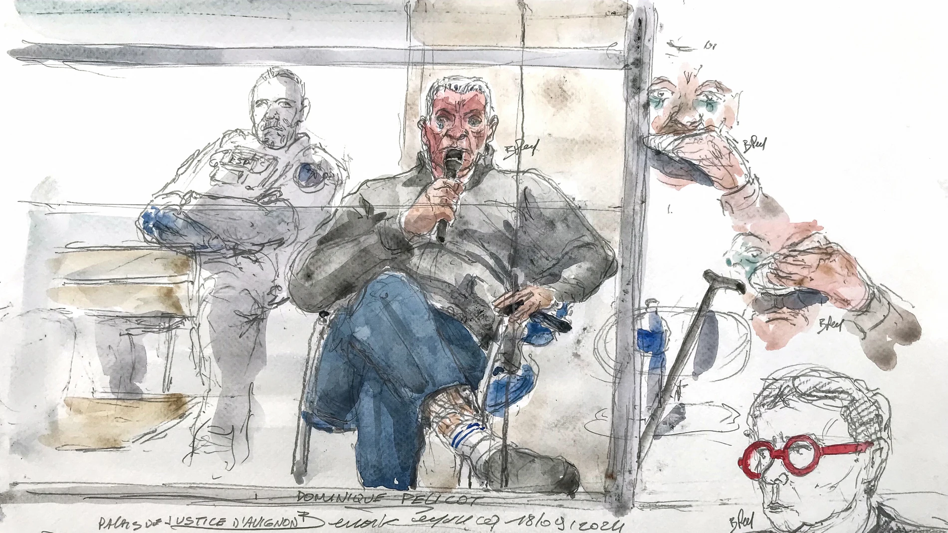 This court sketch created on September 17, 2024, shows defendant Dominique Pelicot during his trial in which he is accused of drugging his wife so he and scores of strangers could rape her at their home in Mazan, a small town in the south of France, at the courthouse of Avignon in Avignon.