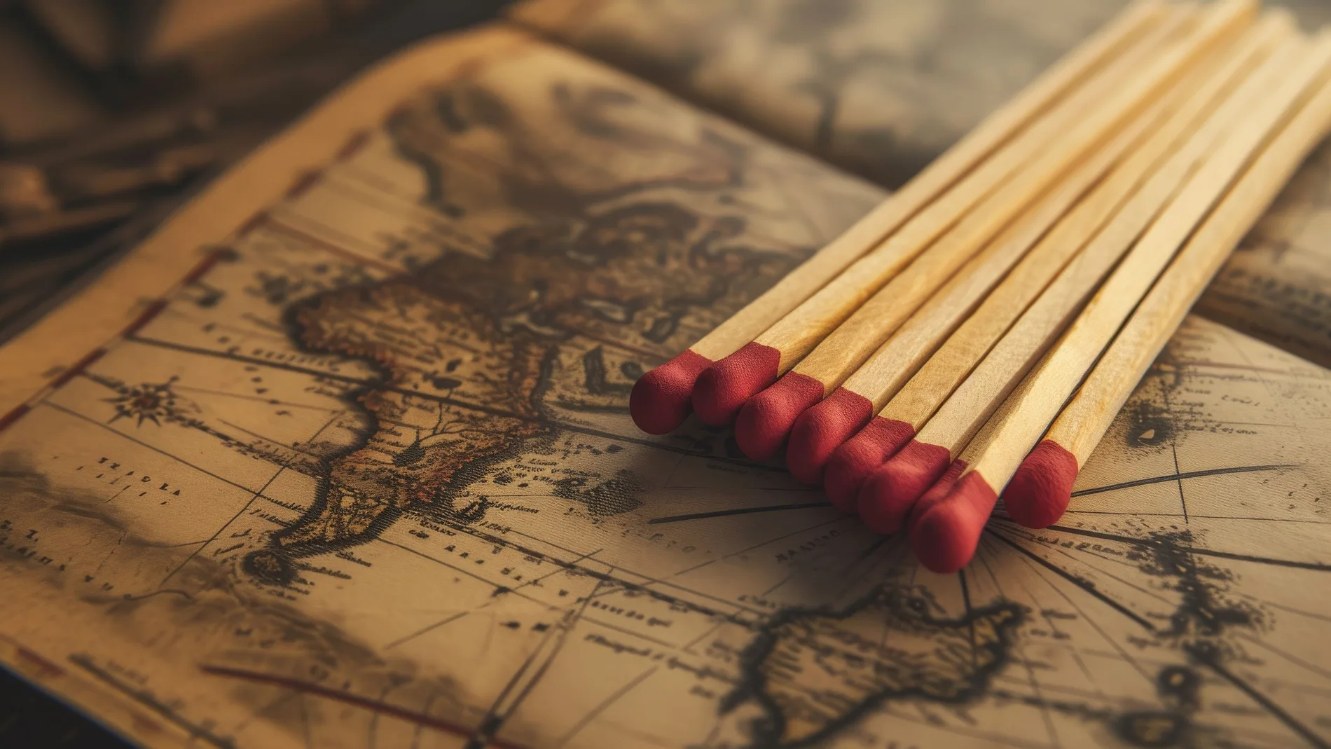 Un manojo de cerillas de madera con puntas rojas está dispuesto sobre un mapa del mundo antiguo.