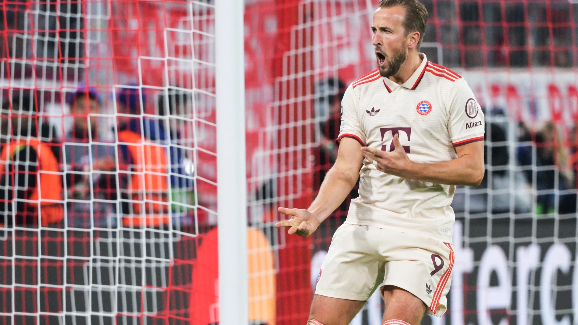 Munich's Harry Kane celebrates after scoring his side's sixth goal during a Champions League opening phase soccer match between FC Bayern Munich and Dinamo Zagreb in Munich, Tuesday, Sept. 17, 2024. (Peter Kneffel/dpa via AP)