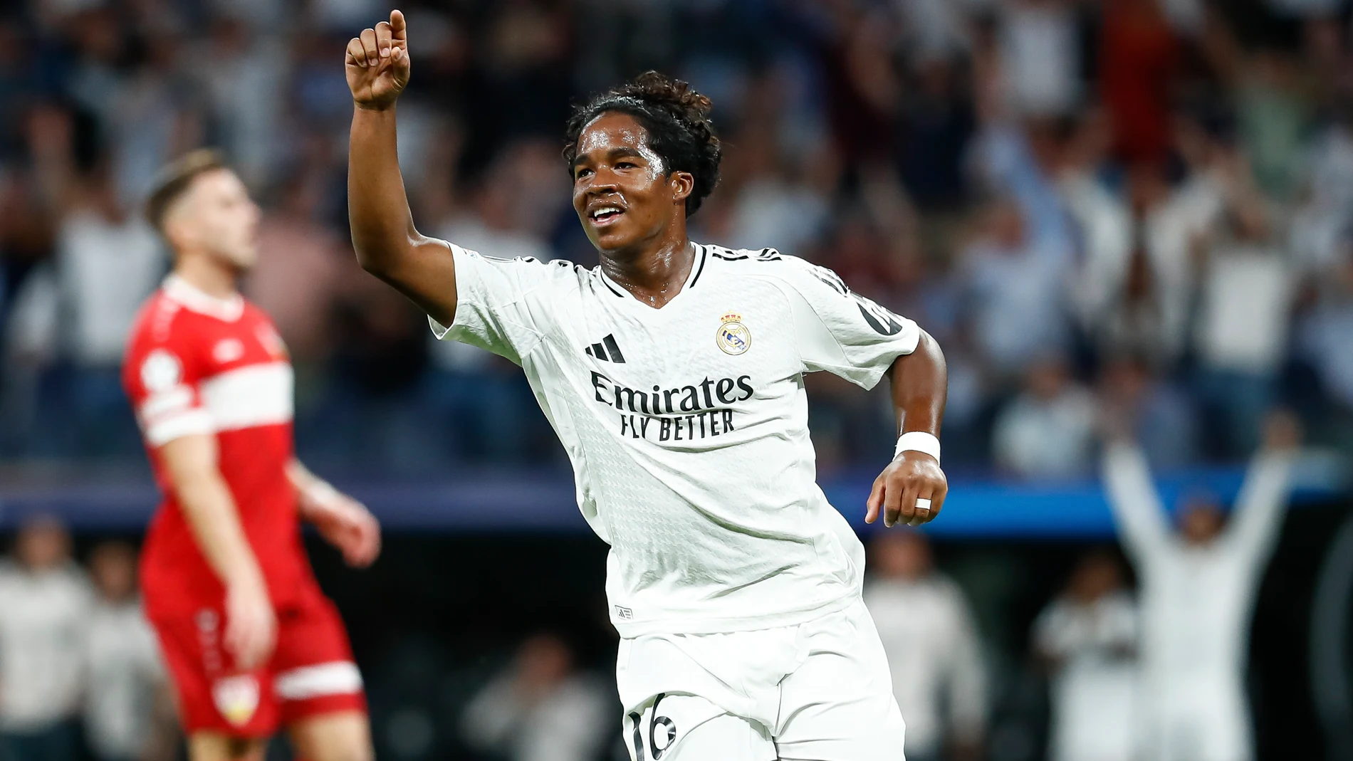 Endrick of Real Madrid celebrates a goal during the UEFA Champions League 2024/25 League Phase MD1 match between Real Madrid CF and VfB Stuttgart at Estadio Santiago Bernabeu on September 17, 2024 in Madrid, Spain. AFP7 17/09/2024 ONLY FOR USE IN SPAIN