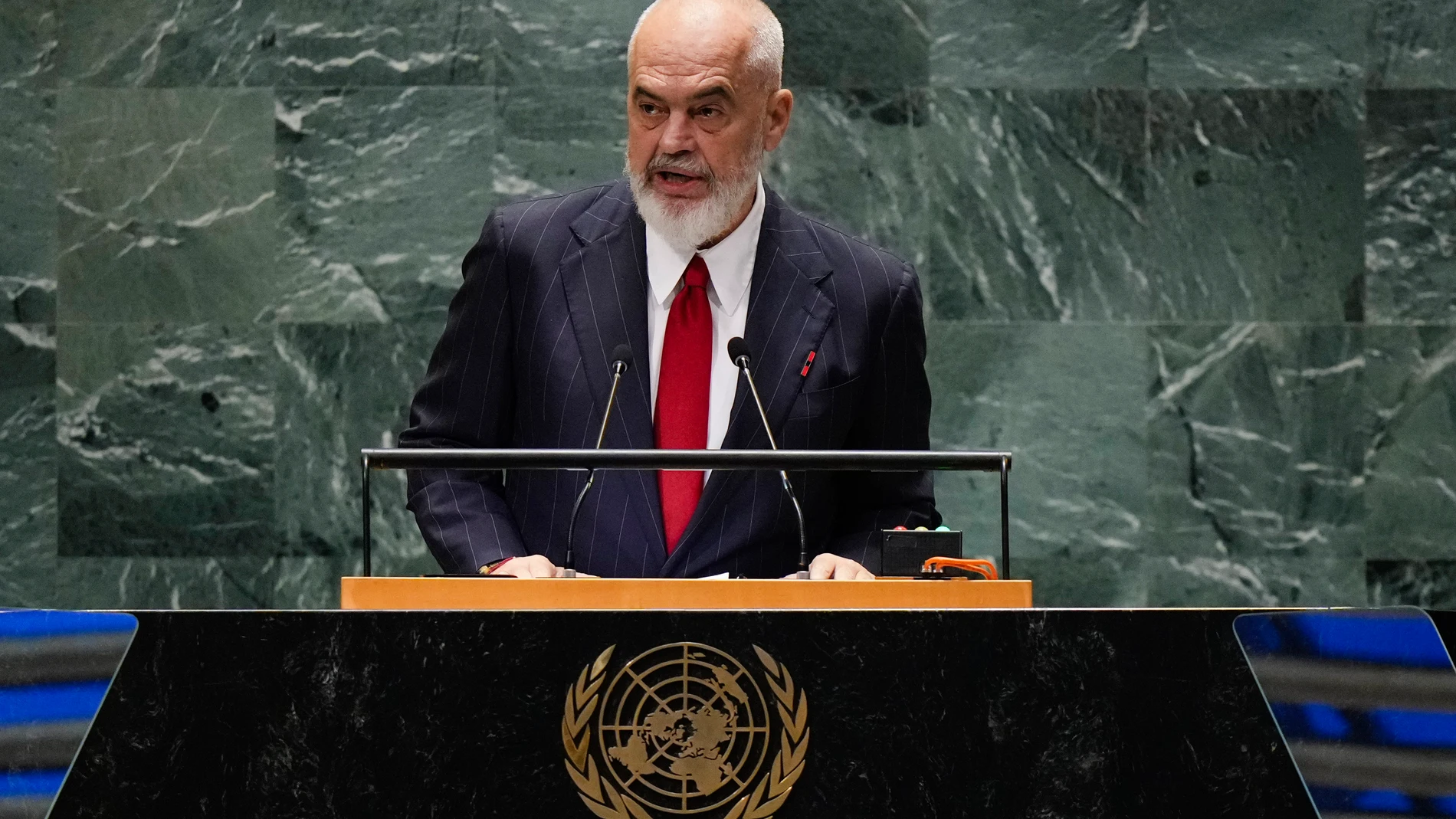 The Prime Minister of Albania Edi Rama speaks to the United Nations General Assembly during Summit of the Future, Sunday, Sept. 22, 2024 at U.N. headquarters. (AP Photo/Frank Franklin II)