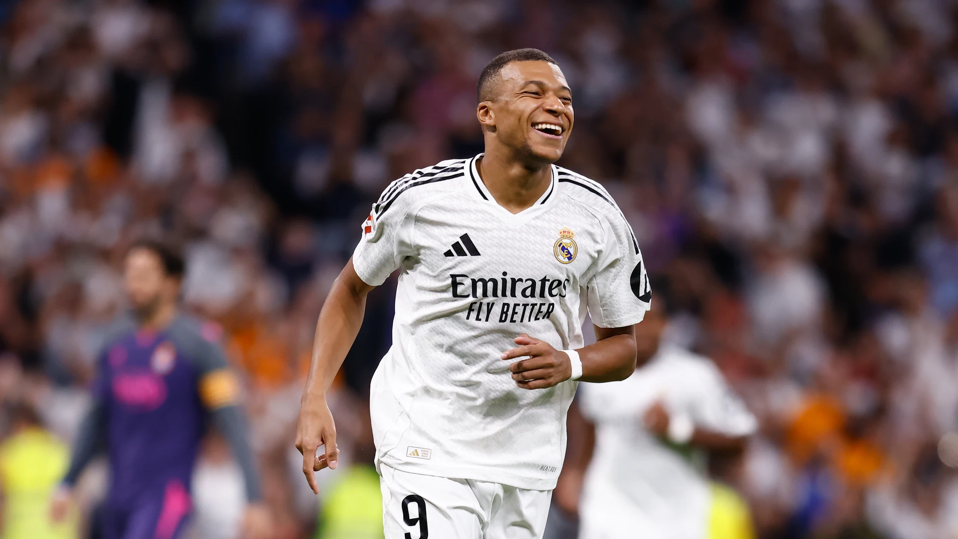 Kylian Mbappe of Real Madrid celebrates a goal during the Spanish League, LaLiga EA Sports, football match played between Real Madrid and RCD Espanyol at Santiago Bernabeu stadium on September 21, 2024, in Madrid, Spain. AFP7 21/09/2024 ONLY FOR USE IN SPAIN