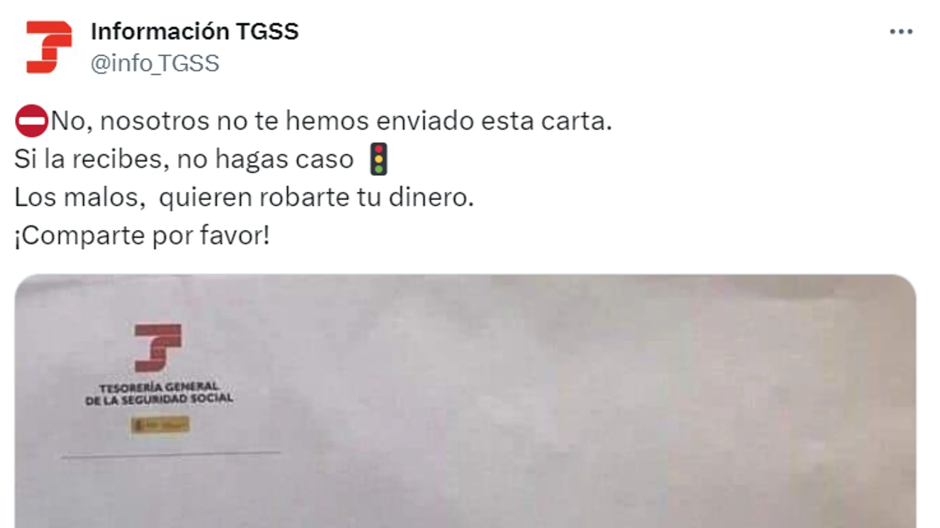 Captura de la publicación de la TGSS alertando de la estafa.