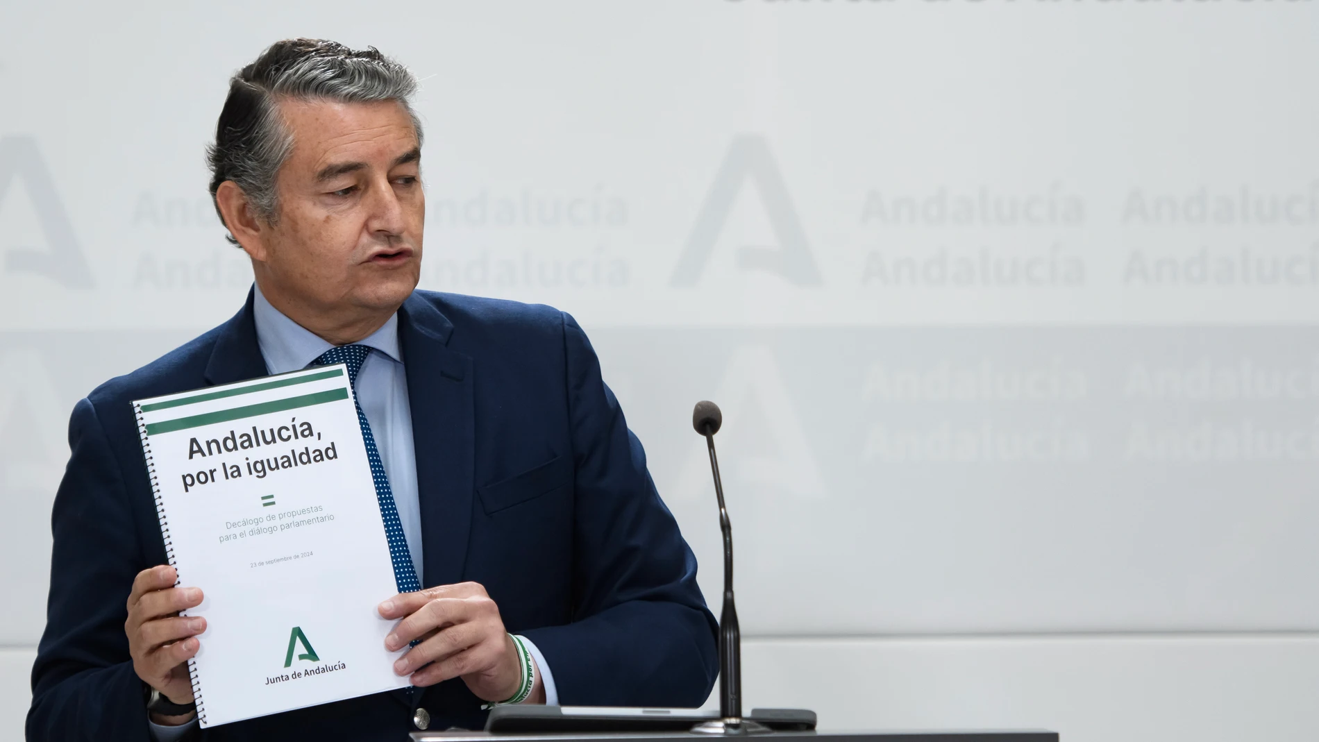 GRAFAND3480. SEVILLA, 23/09/2024.- El consejero de la Presidencia, Interior, Diálogo Social y Simplificación Administrativa, Antonio Sanz, en declaraciones a los medios para hacer balance de la ronda de reuniones del presidente con los portavoces de todos los grupos políticos del Parlamento que ha tenido lugar esta mañana en el Palacio de San Telmo. EFE/ Raúl Caro.