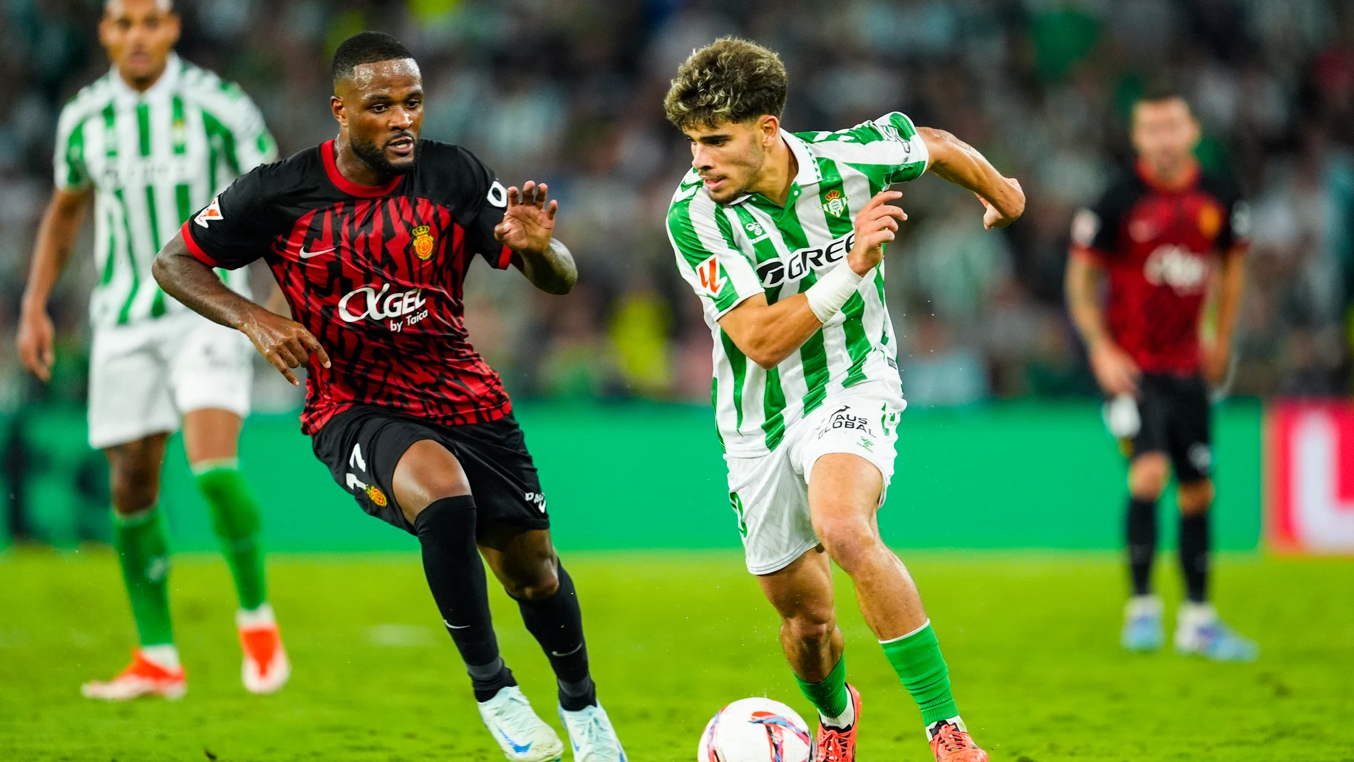Abde Ezzalzouli of Real Betis and Cyle Larin of RCD Mallorca in action during the Spanish league, La Liga EA Sports, football match played between Real Betis and RCD Mallorca at Benito Villamarin stadium on September 23, 2024, in Sevilla, Spain. AFP7 23/09/2024 ONLY FOR USE IN SPAIN