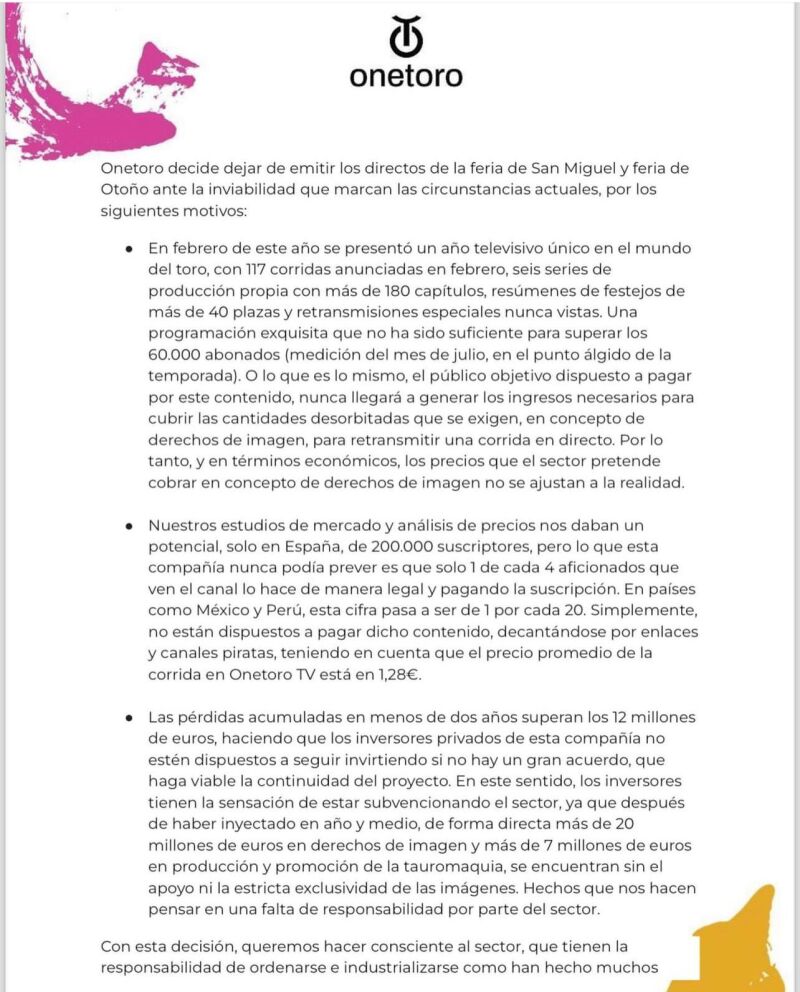 Primera parte del comunicado de OneToro TV
