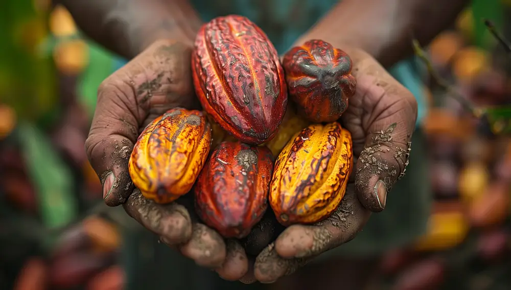 Agricultor sosteniendo mazorcas de cacao en una plantación de cacao en Guinea Ecuatorial