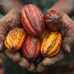 Agricultor sosteniendo mazorcas de cacao en una plantación de cacao en Guinea Ecuatorial