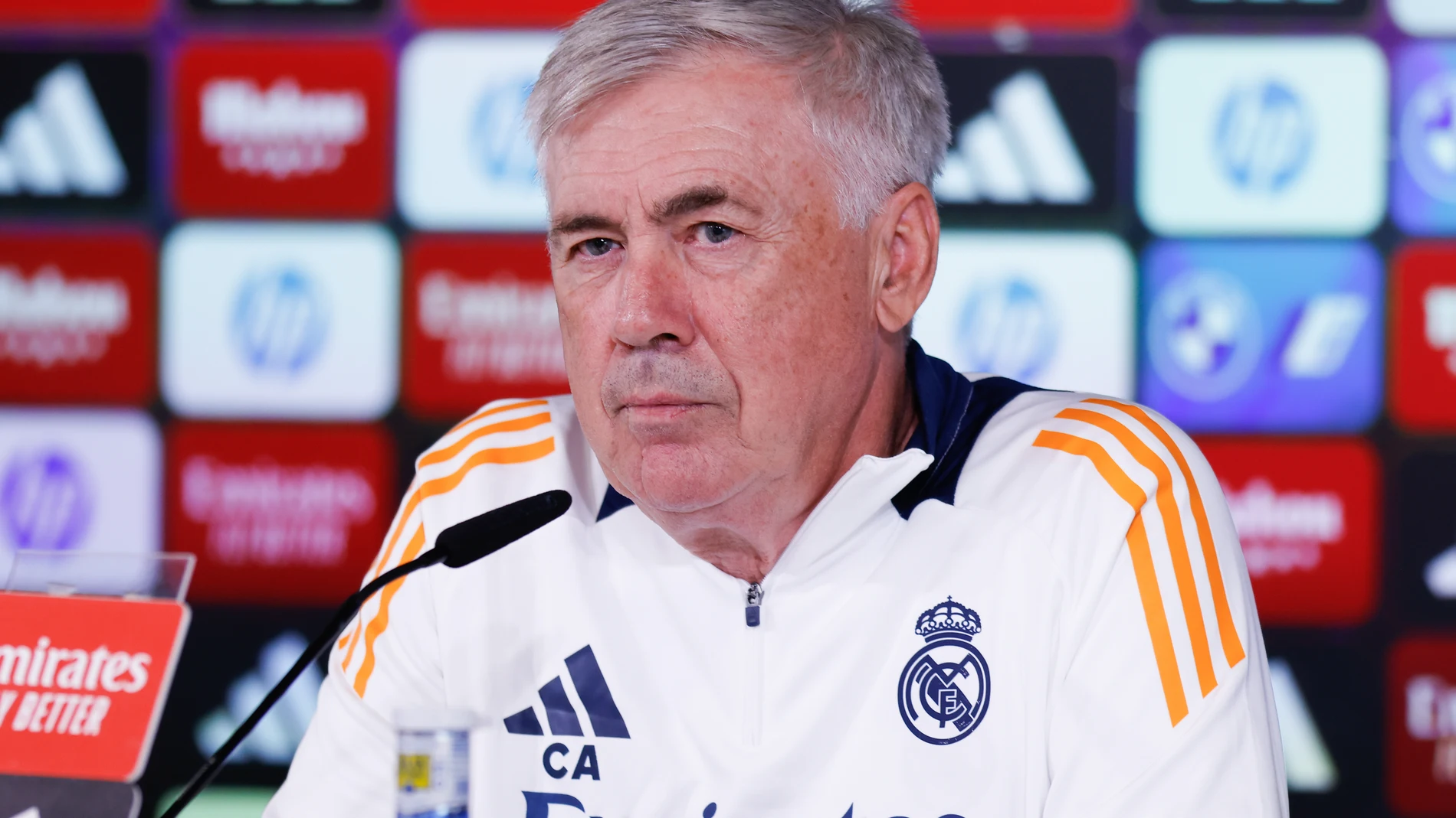 Carlo Ancelotti, head coach of Real Madrid, gives a press conference during the training day of Real Madrid ahead the Spanish League, LaLiga EA Sports, football match against Deportivo Alaves at Ciudad Deportiva Real Madrid on September 23, 2024, in Valdebebas, Madrid, Spain. AFP7 23/09/2024 ONLY FOR USE IN SPAIN