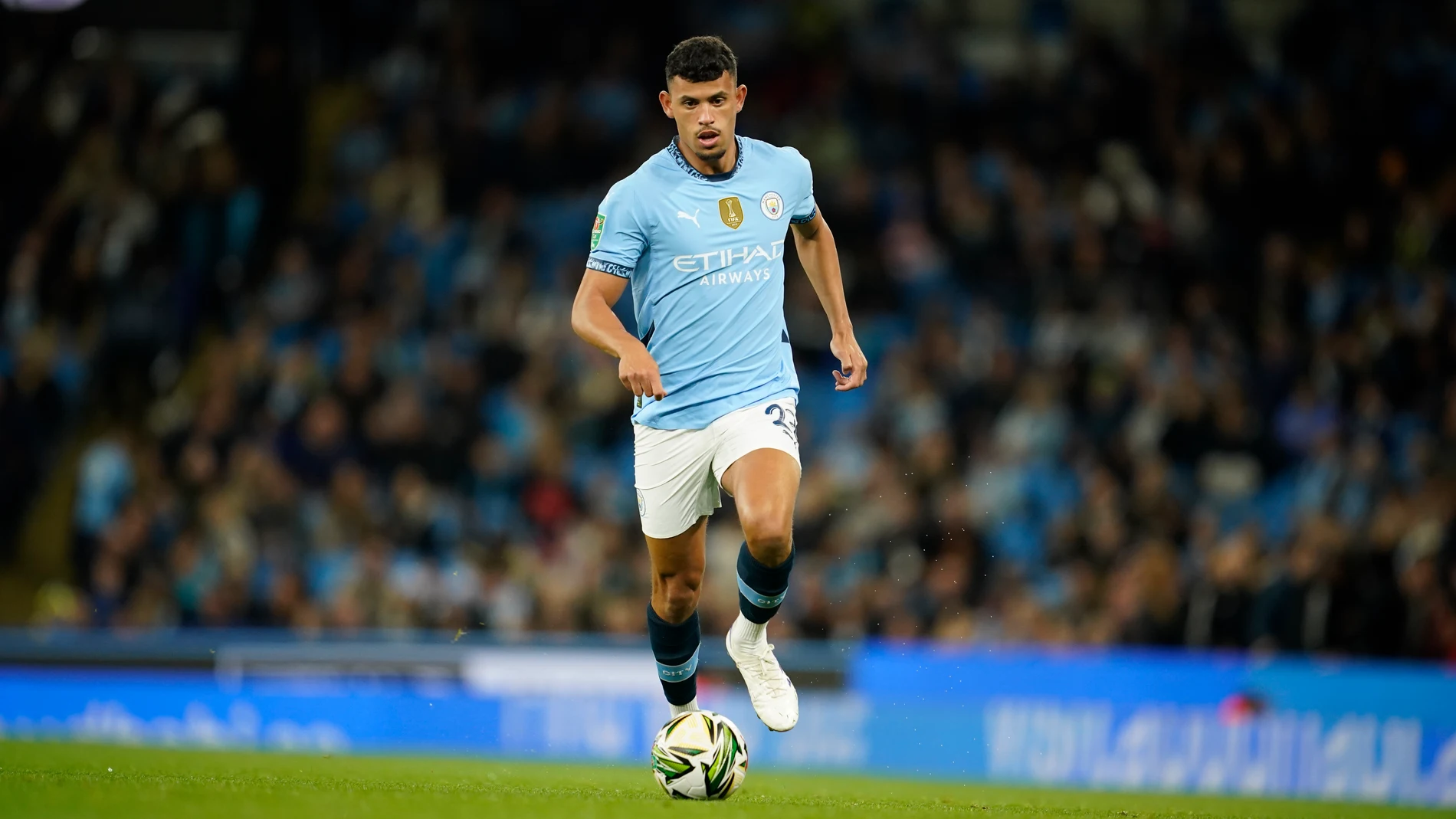 Manchester City's Matheus Nunes in action during the English League Cup soccer match between Manchester City and Watford in Manchester, England, Tuesday, Sept. 24, 2024. (AP Photo/Dave Thompson)