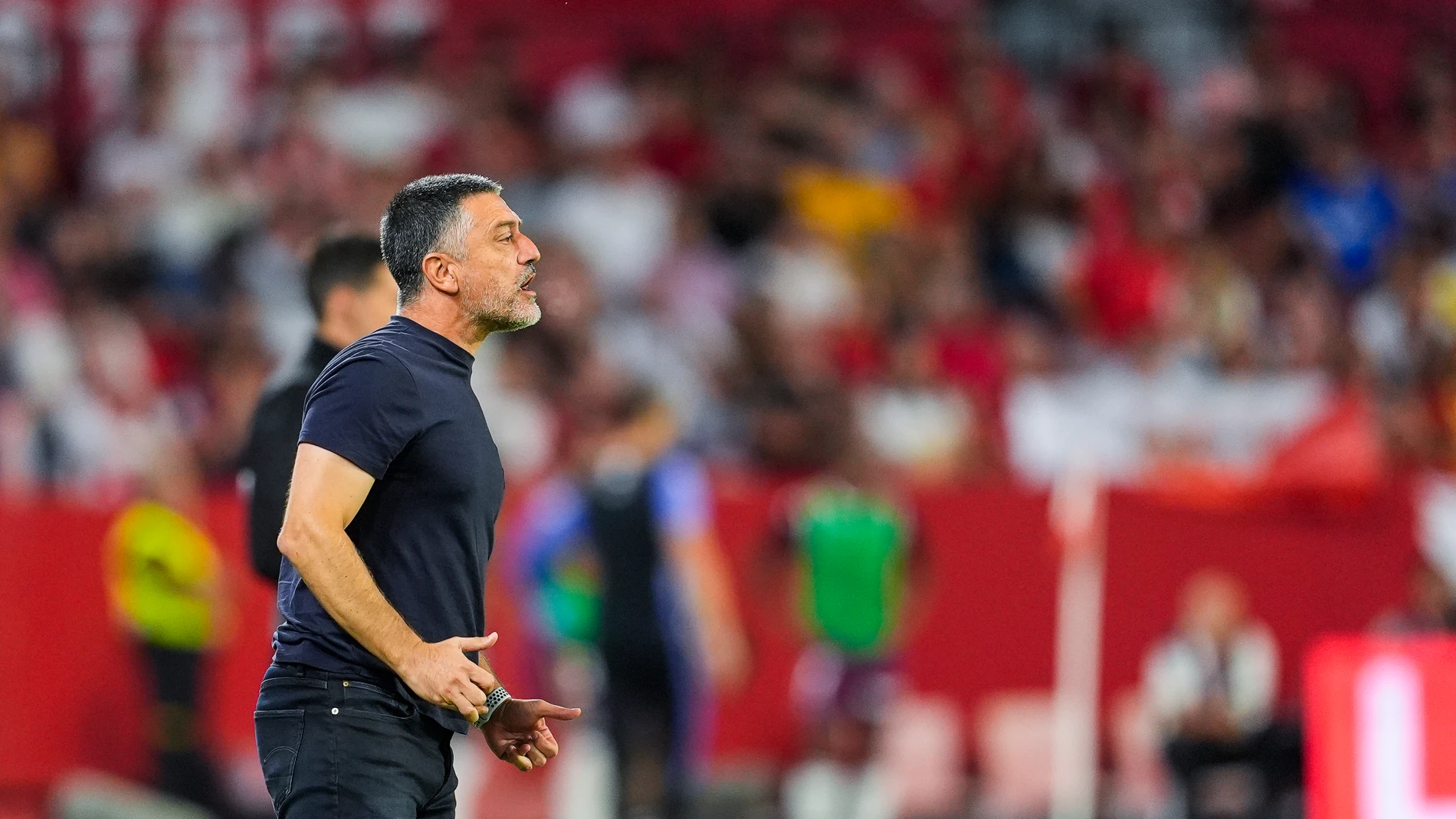 Xavier Garcia Pimienta, head coach of Sevilla FC, gestures during the Spanish league, La Liga EA Sports, football match played between Sevilla FC and Real Valladolid at Ramon Sanchez-Pizjuan stadium on September 24, 2024, in Sevilla, Spain. AFP7 24/09/2024 ONLY FOR USE IN SPAIN